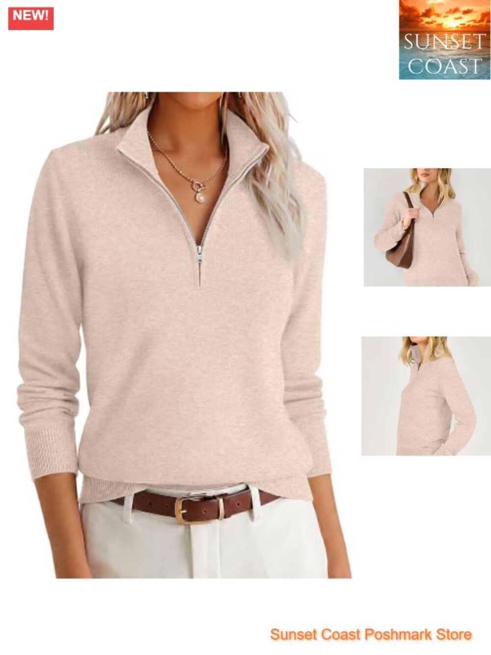 Womens Quarter Zip Lightweight Knit Pullover Sweater Ribbed Trim